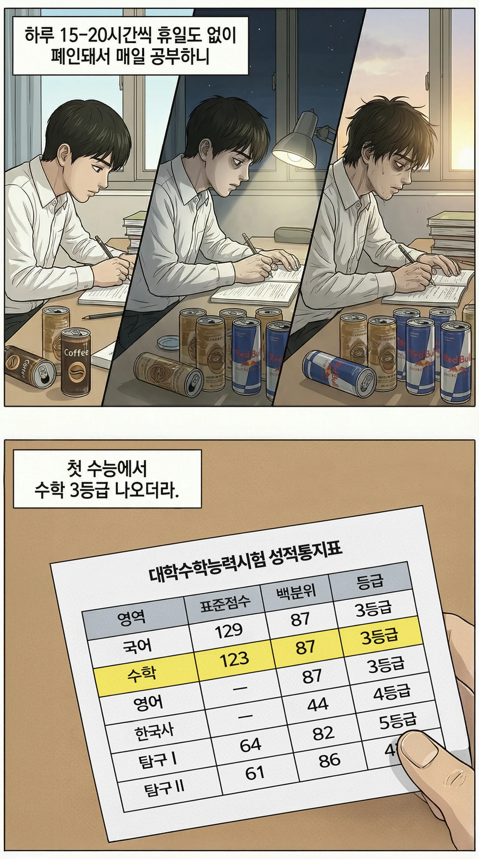 하루 15-20시간 휴일없이 공부, 첫 수능 3등급